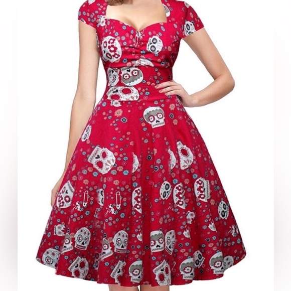 Oten red sugar skull swing dress - Picture 4 of 7
